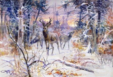 Ciervos en un bosque nevado 1906 Charles Marion Russell Pinturas al óleo